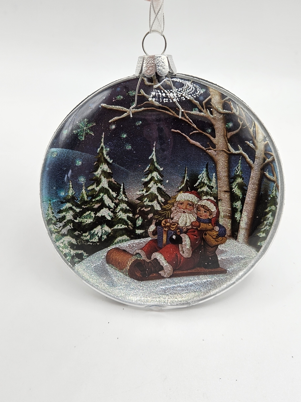 VINTAGE Santa on Sled Glass Silver Glitter Back Christmas Holiday Ornament